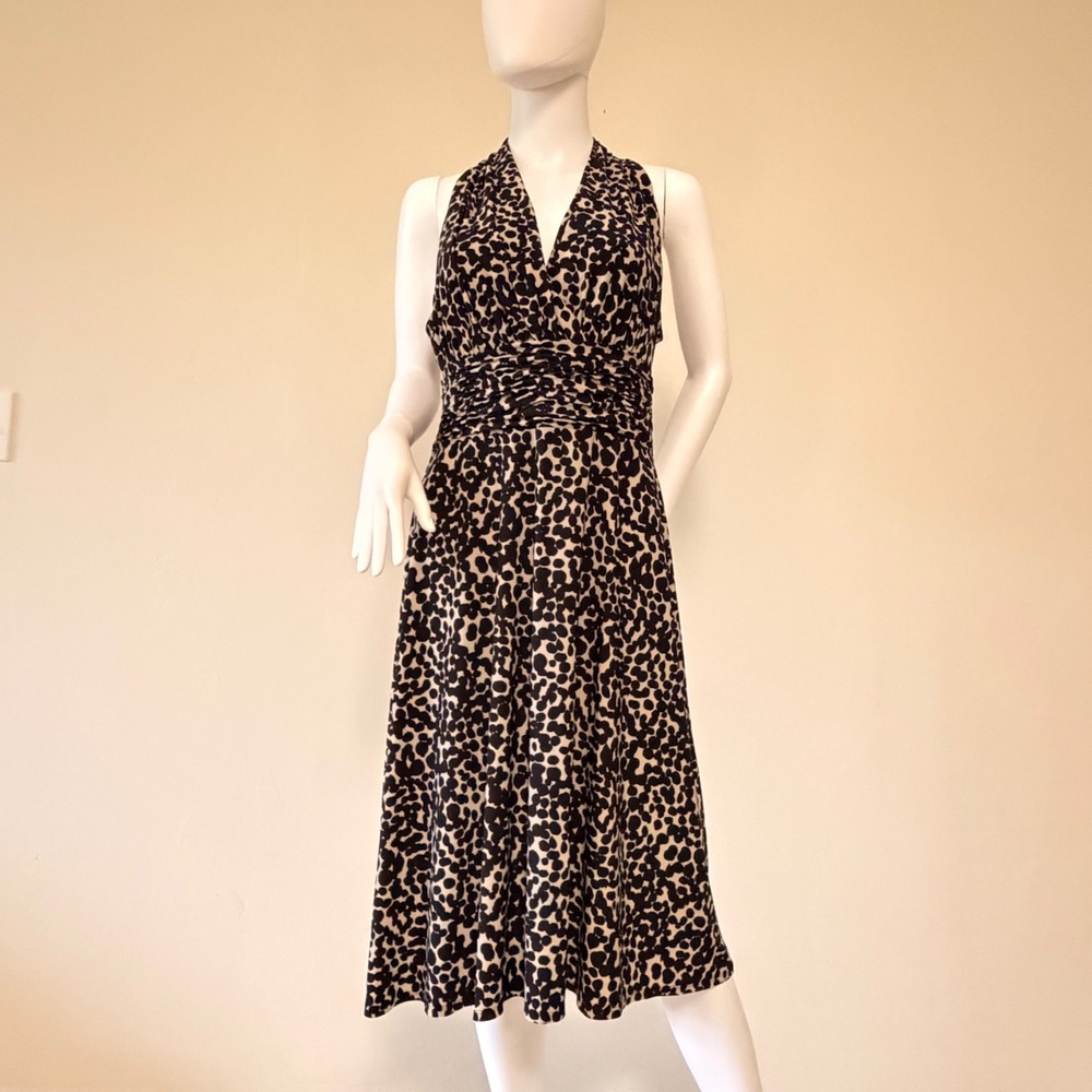 Evan-Picone Womens Leopard Print Halter Midi Dress Black Tan Ruched Waist Sz 12